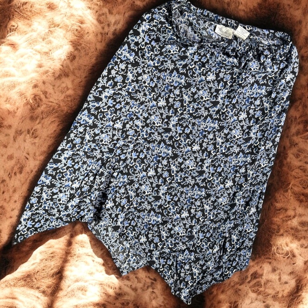 Vintage Kathie Lee‎ Collection Skirt Women L Blue Floral Rayon Handkerchief Hem